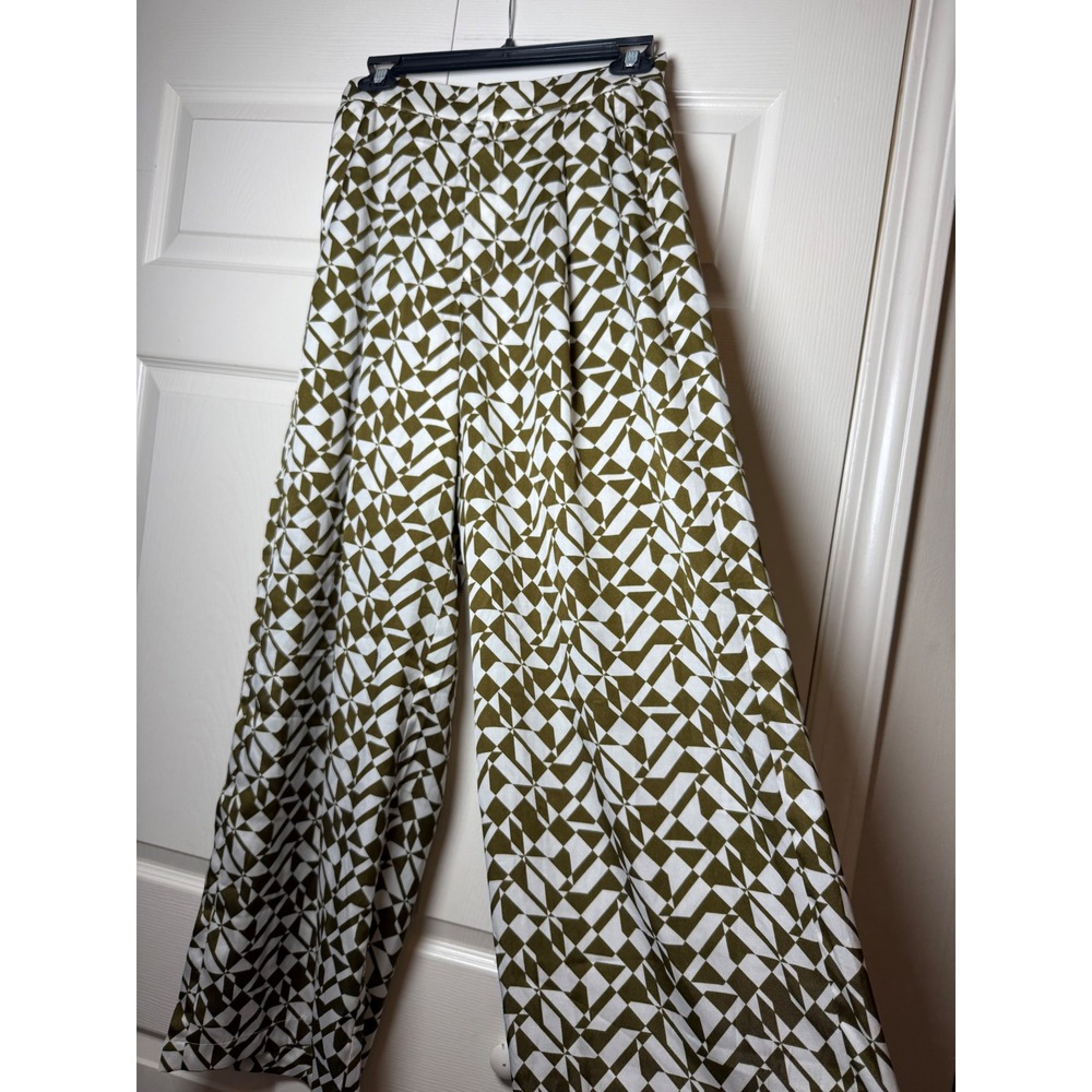 Minkpink Flynn Wide Leg Pants Cream Green Geometric Diamond Print Small